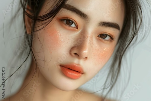 Youthful Asian female portrait with perfect skin. Female model with fresh glowing facial skin. Generate ai