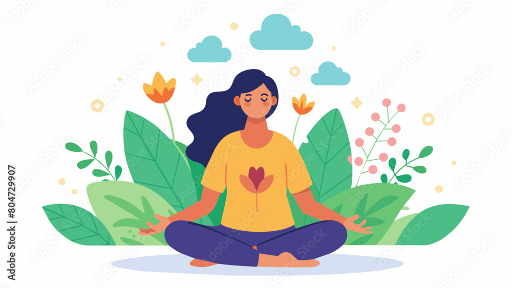 An image of a person practicing breathing exercises with illustrations of plants and flowers growing and thriving in response to their calm and.