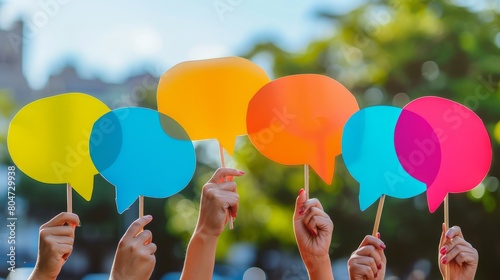 Group of People Holding Colorful Speech Bubbles