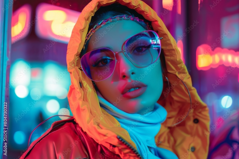 Fashionable young woman posing in vibrant neon city nightlife atmosphere
