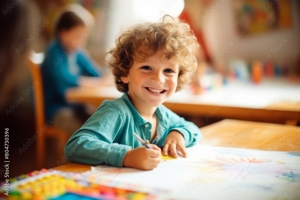 Smiling Little Girl Sitting at Table