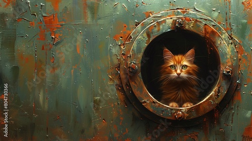 Curious Ginger Cat Peeking Through Rusty Industrial Equipment photo