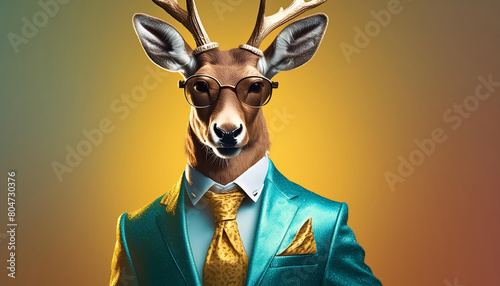 Dapper deer in stylish suit, Debonair deer with antlers dressed in an elegant turquoise suit and yellow tie, 