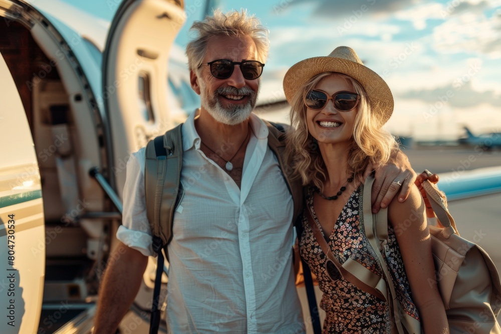 An older man and a young woman stand by a small private airplane, smiling warmly in the golden hour light An older man and a young woman stand by a small private airplane, smiling warmly in the golden hour light