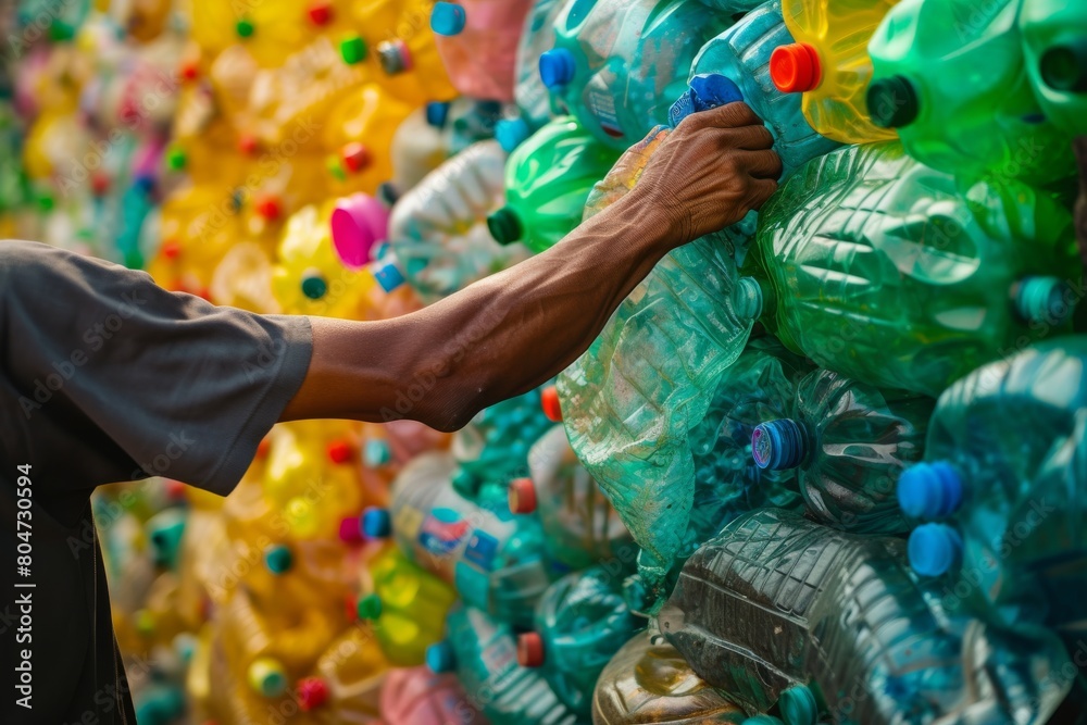 Man Putting Plastic Bottles on Wall