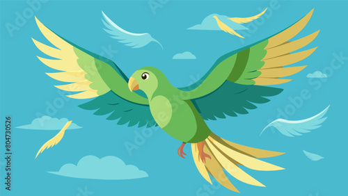 A parakeet with a bionic wing soaring high in the sky alongside its flock.. Vector illustration