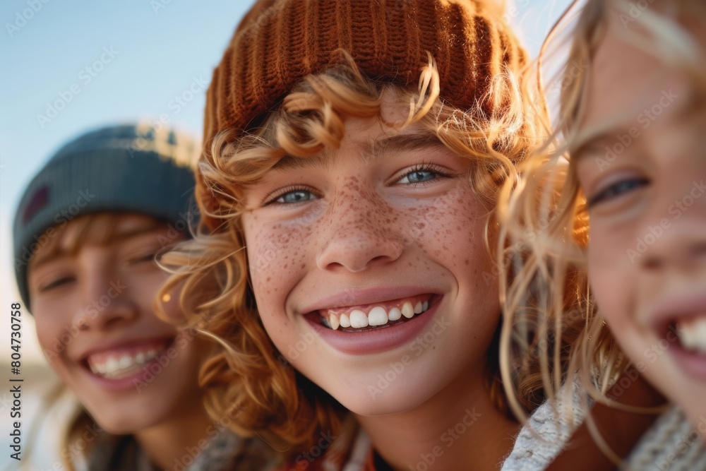 Close-up of three children with curly hair sharing a joyful moment in natural lighting Close-up of three children with curly hair sharing a joyful moment in natural lighting
