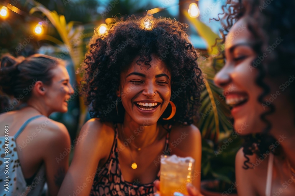 Joyful woman with a refreshing drink surrounded by friends in an evening tropical outdoor setting Joyful woman with a refreshing drink surrounded by friends in an evening tropical outdoor setting