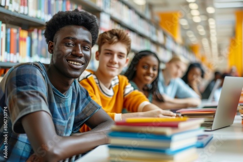 A multicultural group of young students with books and laptops engaged in studying in a library setting
