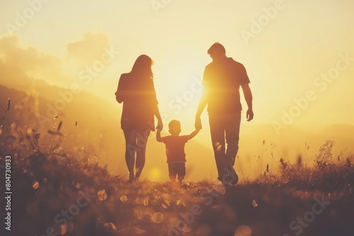A beautiful silhouette image capturing a family walking hand-in-hand during a stunning sunset evokes warmth and togetherness