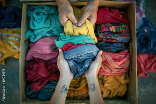 Hands carefully selecting and donating a variety of colorful clothes, reflecting generosity, aid, and support for those in need