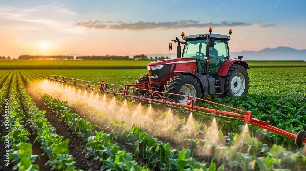 Tractor spraying fertilizer on corn field at sunset with farmer operating vehicle Tractor spraying fertilizer on corn field at sunset with farmer operating vehicle