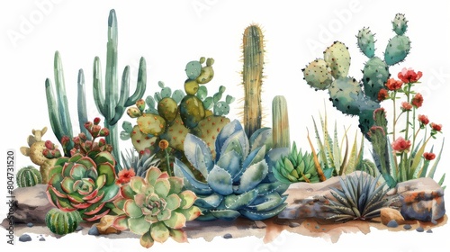 A variety of cacti and succulents in a desert landscape.