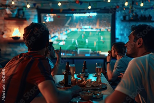 Young people are absorbed in watching football and cheering for their team. Football is watched in a traditional way. There is beer and salty food at the bar.
