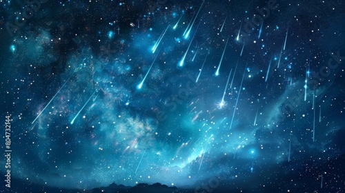 Blue meteors falling down from the starry night sky.