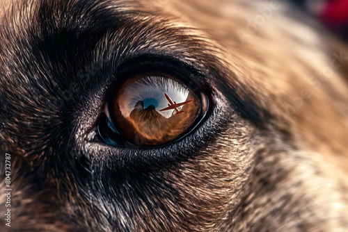 Macro of a dog's eye with a plane reflection in it, pet travel concept photo