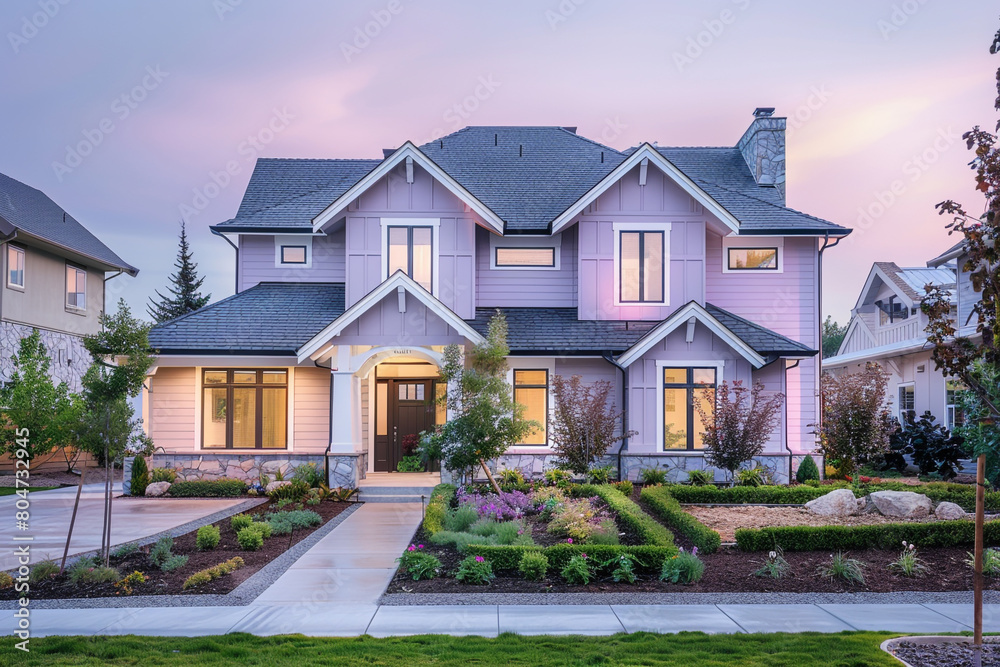 The front view of a newly constructed craftsman cottage style house in pastel violet, featuring a triple pitched roof, with detailed landscaping and a welcoming sidewalk, 