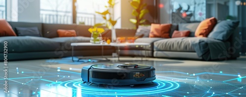 Futuristic and modern vacuum hoover cleaning machine robot cleaning floor in the living room.
