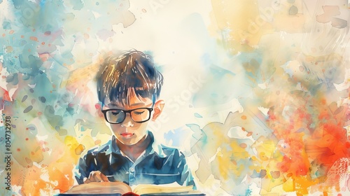 The AI-generated watercolor painting shows a young boy with glasses reading a book. The boy is wearing a blue shirt and the background is a rainbow of colors.