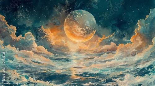 The image is a beautiful painting of a moonlit seascape