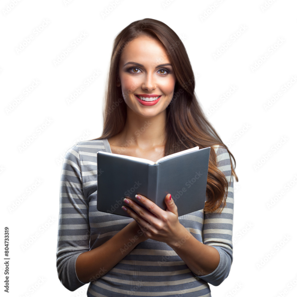Confident young lady with a book, smiling at the camera Confident young lady with a book, smiling at the camera