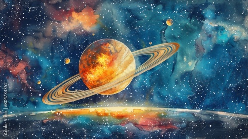 The image is showing the planet Saturn with its rings. The planet is glowing and there are stars and dust around it. photo