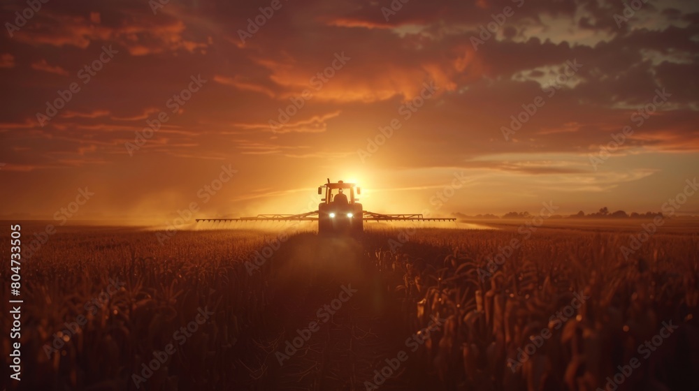 Farmer in tractor spraying fertilizer on corn field at sunset under beautiful sky