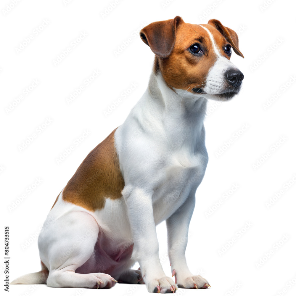 A brown and white dog sitting on top of a white floor
