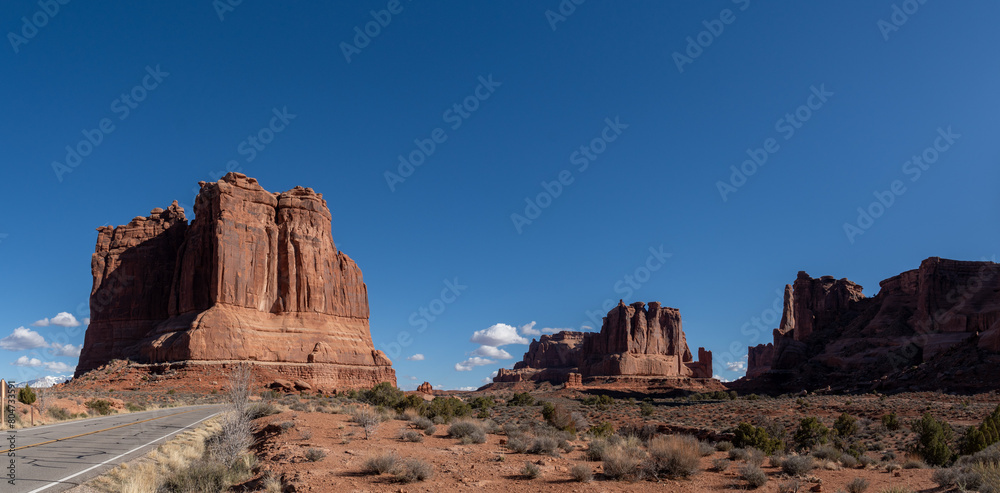 Courthouse Towers on a Sunny Blue sky day in Arches National Park