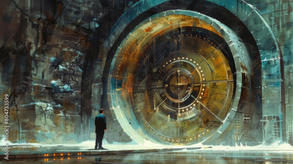 The image shows a person standing in front of a large, metal door. The door is covered in strange symbols. The image shows a person standing in front of a large, metal door. The door is covered in strange symbols.