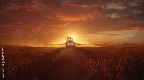 Farmer in tractor spraying fertilizer on corn field at sunset under beautiful sky