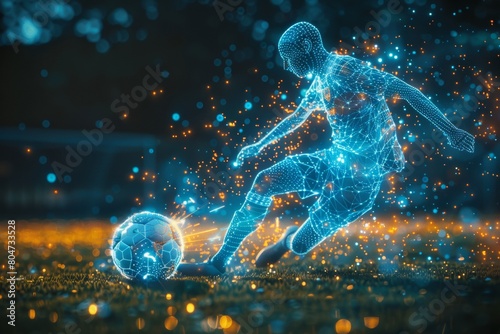 The graphic shows a wireframe soccer player shooting a ball with a lighting effect photo