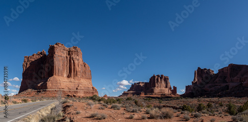 Courthouse Towers on a Sunny Blue sky day in Arches National Park