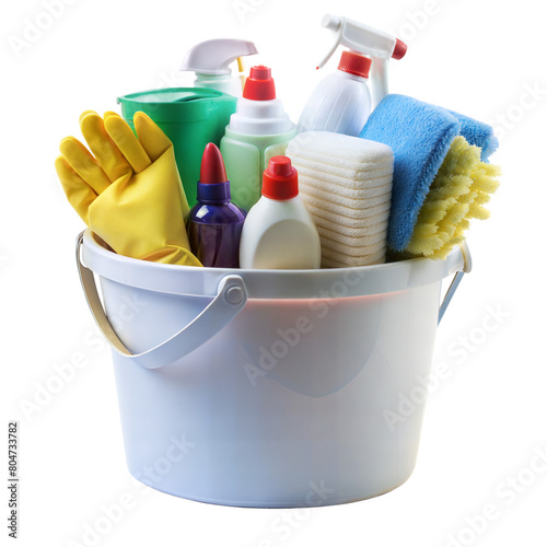 A white bucket overflowing with various cleaning supplies like spray bottles, scrub brushes, and sponges, set against a clean white background