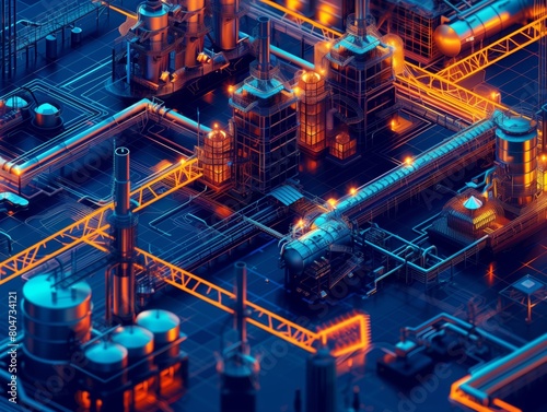 Neural lowpoly AI futuristic neon network of factory map isometric