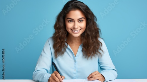 Woman Sitting at Table Writing With Pen and Paper photo
