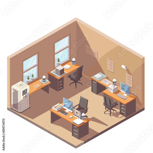 digital illustration of a modern office interior in isometric view, featuring workstations with computers and a water cooler