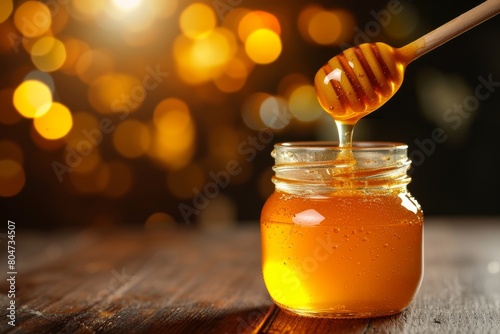 A Jar of Honey With a Wooden Spoon