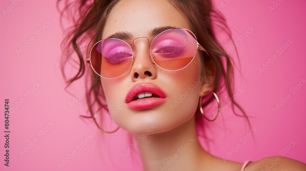 Woman in Pink Glasses on Pink Background