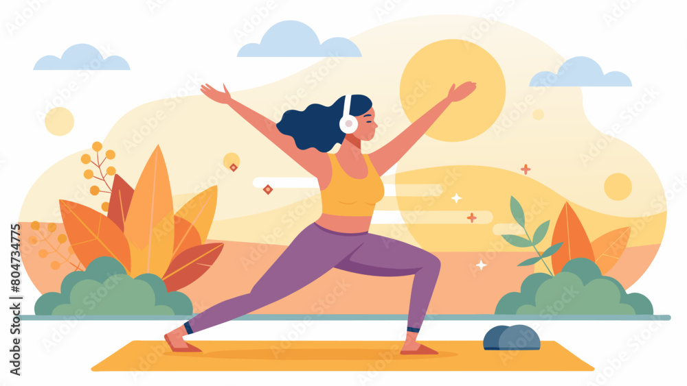 A woman performing a series of sun salutations the soft vocals of a singersongwriter echoing in the background creating a peaceful and uplifting. Vector illustration