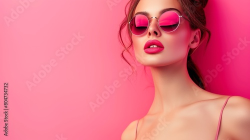 Woman Wearing Sunglasses on Pink Background