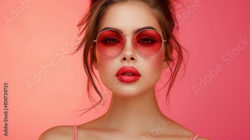 Woman Wearing Red Glasses on Pink Background