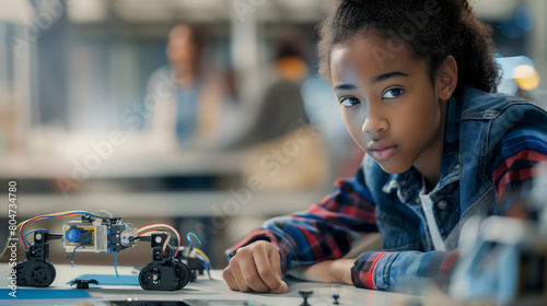 Young Black Girl Engaged in Robotics Competition, Concentrating on Assembling a Robot in a High School Lab, Copy Space for Text