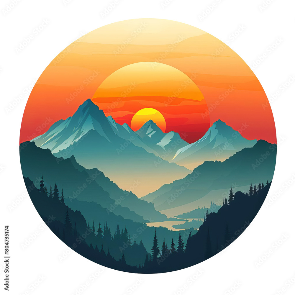The image shows a beautiful landscape with mountains, a river, and a sunset. The colors are vibrant and the scene is peaceful.
