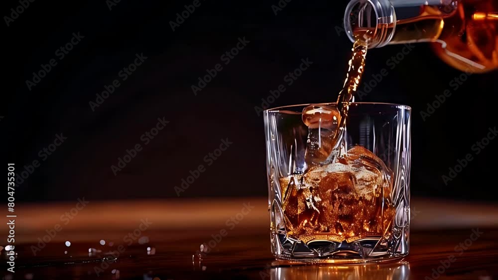 Pouring Amber Whiskey Into Glass Over Ice Cubes at an Elegant Bar
