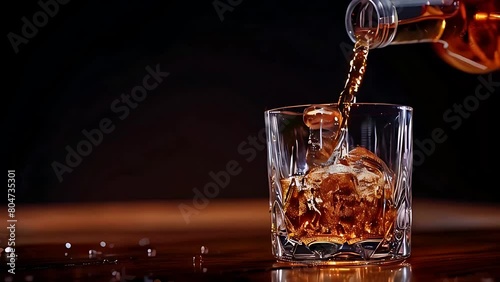 Pouring Amber Whiskey Into Glass Over Ice Cubes at an Elegant Bar