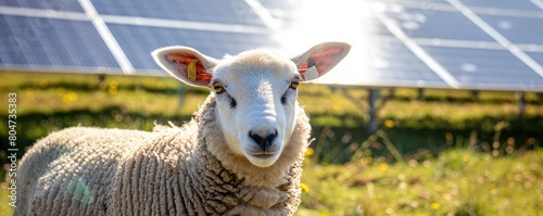 sheep grazing in a field contrasts with the solar panels in the background, symbolizing eco-friendly energy. photo