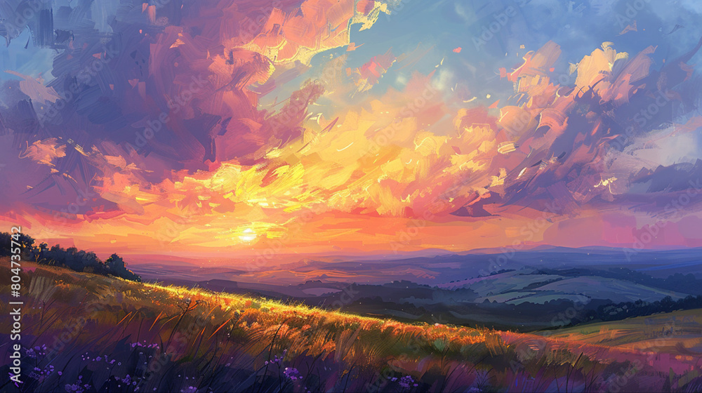 Vibrant sunset landscape painting with fiery sky