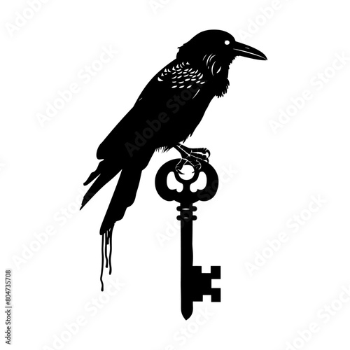 A black crow sitting on top of a silver key