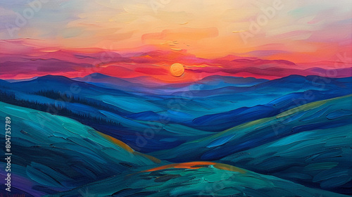 Vibrant landscape painting sunrise hills